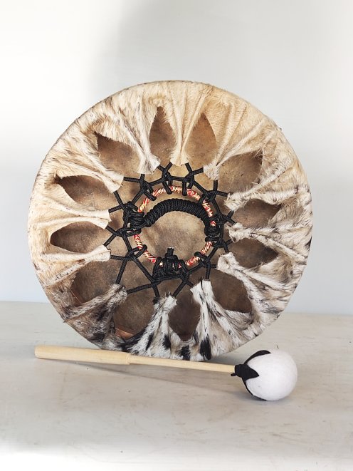 Tambour de chamane pour cérémonies et rituels sacrés - Tambour chamanique Peau de vache avec poils 12″