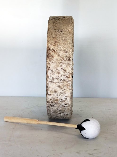 Tambour de chamane pour cérémonies et rituels sacrés - Tambour chamanique Peau de vache avec poils 12″